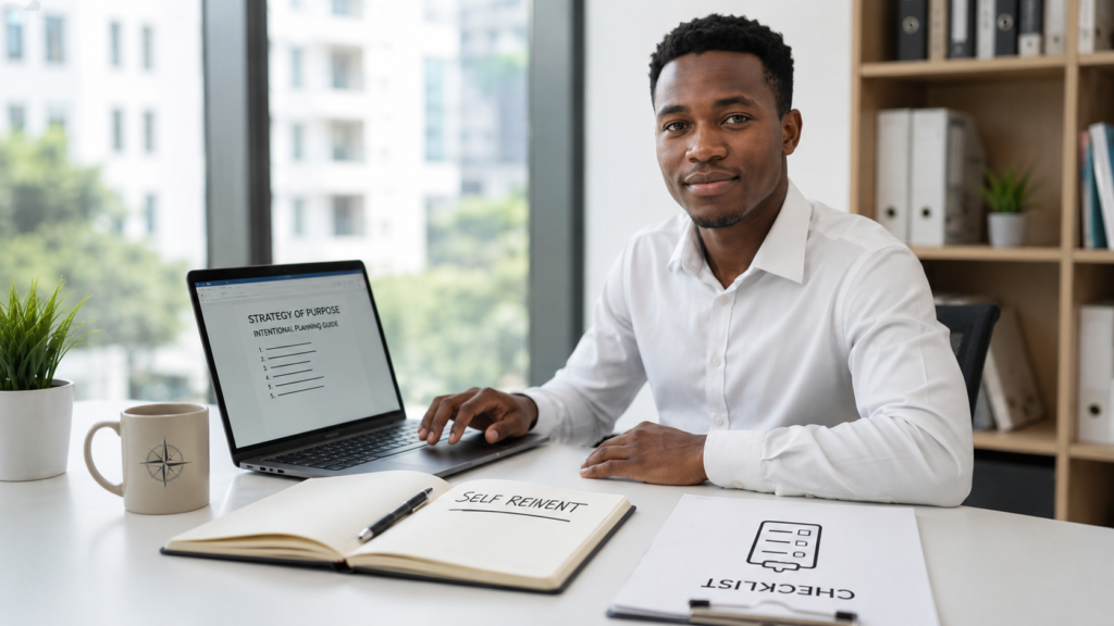 A young African professional sits at a desk, with a laptop displaying a 'Statement of Purpose' structure and a checklist labeled 'Shortlist Checklist', illustrating academic and career application success.