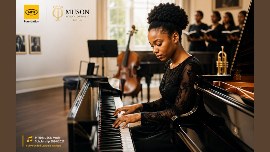 A hyper-realistic young Nigerian musician female, early 20s confidently playing a grand piano inside a bright modern music academy