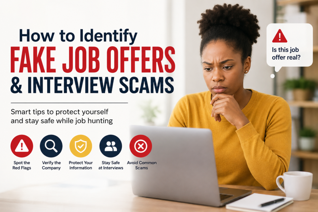 Professional job seeker verifying a job offer online to avoid fake recruitment scams.