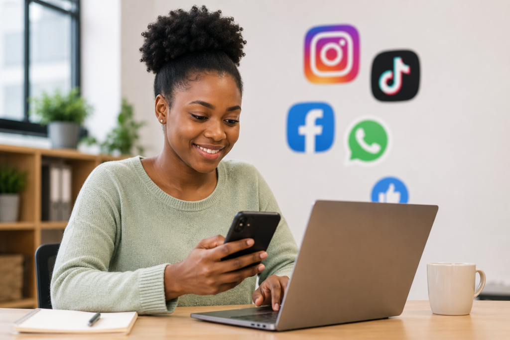 A young woman working as a social media sales support officer at Whip Smart Service